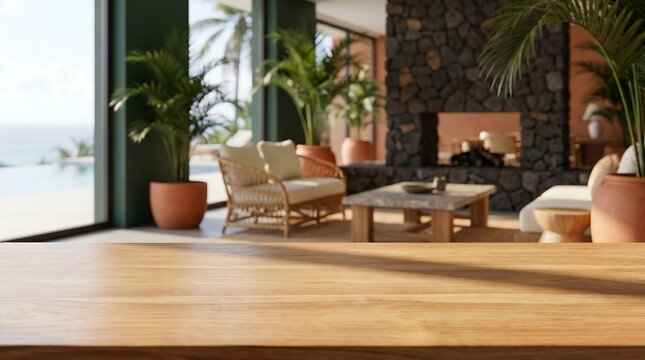 Wooden table surface in luxury tropical villa living room with blurred stone fireplace and ocean pool view mockup