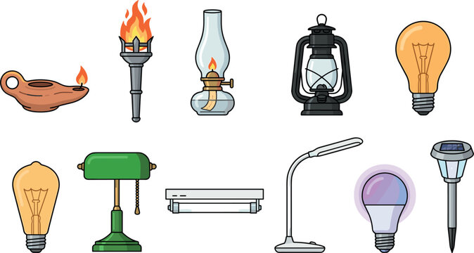 Evolution of Lighting Vector Icon Set with Historical Oil Lamps, Torches, Vintage Lanterns, Incandescent Bulbs, and Modern Energy Efficient LED Lights