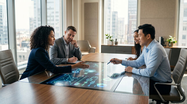 Business professionals collaborate around AI analytics table, exploring automation, financial insights and data visualization during enterprise strategy meeting in modern office with copy space.