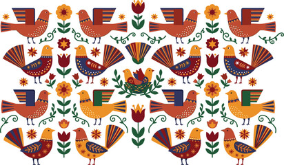 Folk Art Bird Vector Pattern and Element Set with Traditional Scandinavian Style Floral Ornaments, Colorful Folk Birds, and Autumn Decorative Motifs © Najir