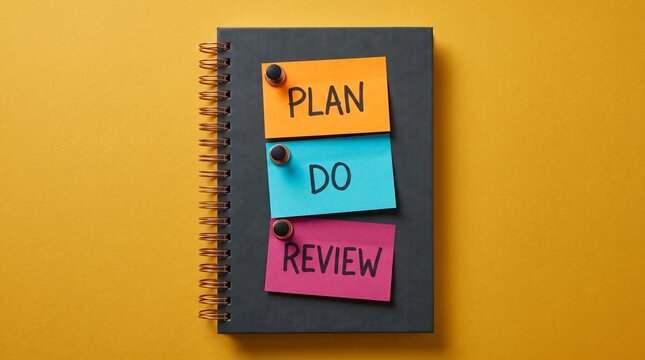 A spiral notebook acting as a textbook with sticky tabs showing a plan do review cycle on a yellow background, for productivity concepts.