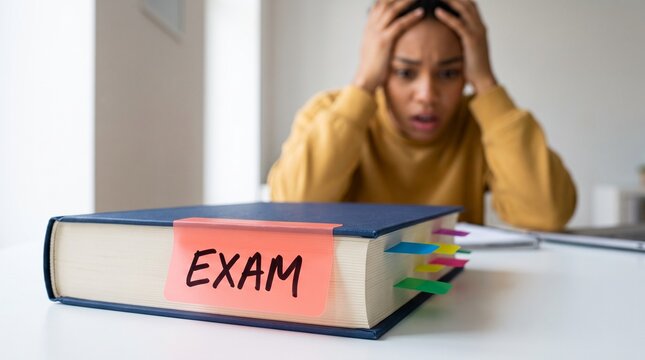 A stressed female student looking at a textbook with sticky tabs labeled exam, suitable for academic pressure or test anxiety concepts
