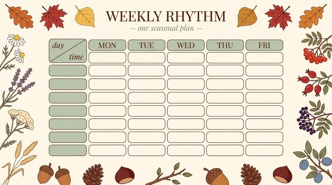 An autumn themed vector graphic acting as a whiteboard with class schedule template, for seasonal educational organizers.