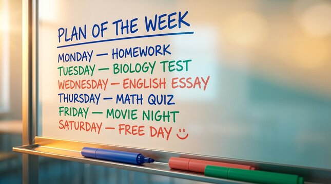A physical whiteboard with class schedule listing a weekly plan and tests, ideal for student organization or domestic study routines.