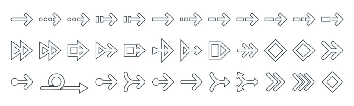 Collection of Arrow Icons: A comprehensive assortment of diverse arrow icons, showcasing various shapes, sizes, and styles, perfect for illustrating direction, navigation.
