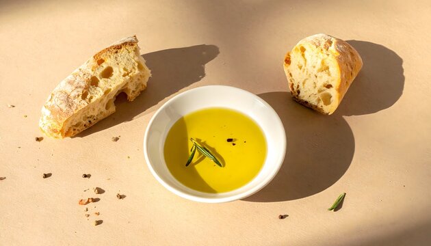 Cuenco con aceite de oliva y trozos de pan r&uacute;stico sobre fondo beige en composici&oacute;n culinaria minimalista