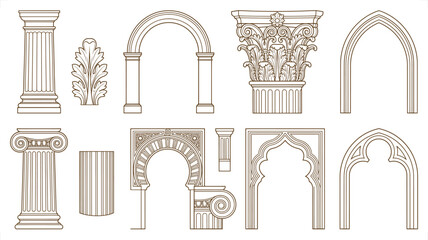 Obraz premium Architectural Elements with Classical Columns and Arches in a Detailed Line Art Style