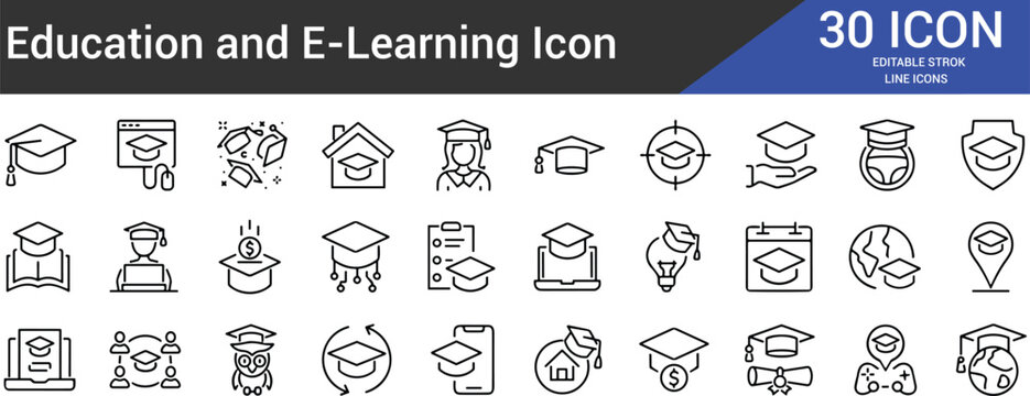 Set of 30 education and e-learning line icons for online course interfaces