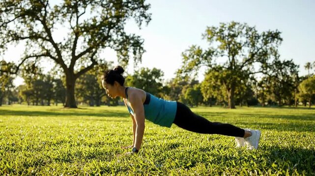 Female athlete performs burpees and press ups in park during morning workout session