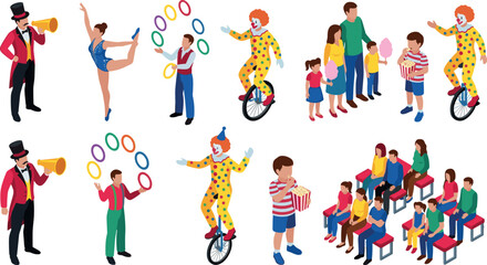 Isometric Circus Performance Vector Illustration Set Featuring Ringmaster Juggler Clown on Unicycle Acrobat Audience and Snacks for Carnival Event Graphic Designs © Najir