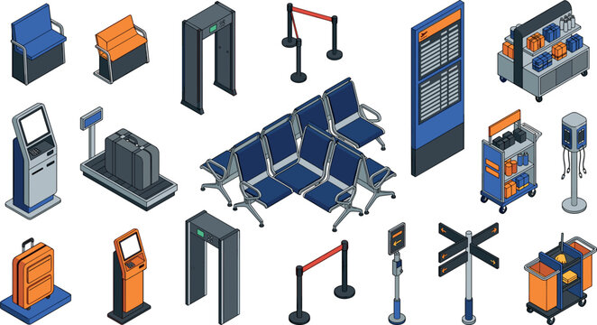 Isometric Airport Terminal Interior Furniture and Equipment Vector Set with Waiting Chairs, Security Metal Detectors, Luggage Scale, and Check-In Kiosks