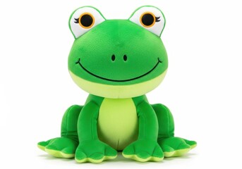 Obraz premium Cute Green Plush Frog Toy Sitting on White Background - Soft Stuffed Animal for Kids and Nursery Decor