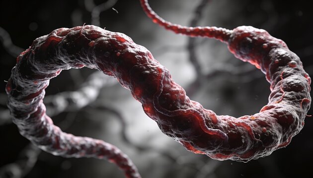 Displaying thick twisted filament floating in microscopic fluid, with fine fibrils and particulates