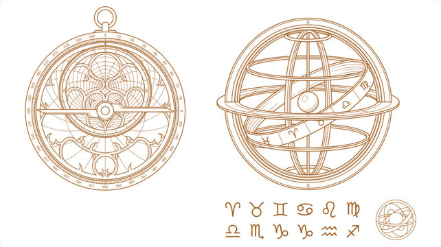 Astrolabe and armillary sphere drawings with zodiac symbols on a white background