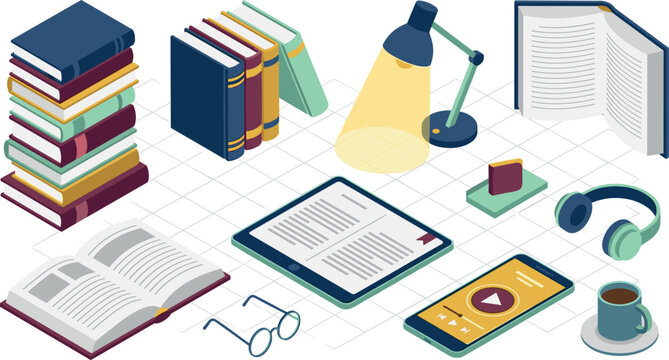 Isometric Reading and Digital Education Vector Set with Book Stacks, Desk Lamp, Tablet E-Reader, Audio Book Smartphone App, and Study Elements