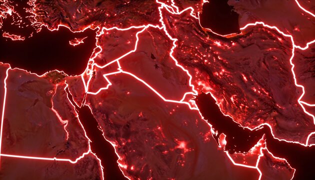 Displaying illuminated map of northeast Africa and Arabia, showing neon-red borders and Nile River