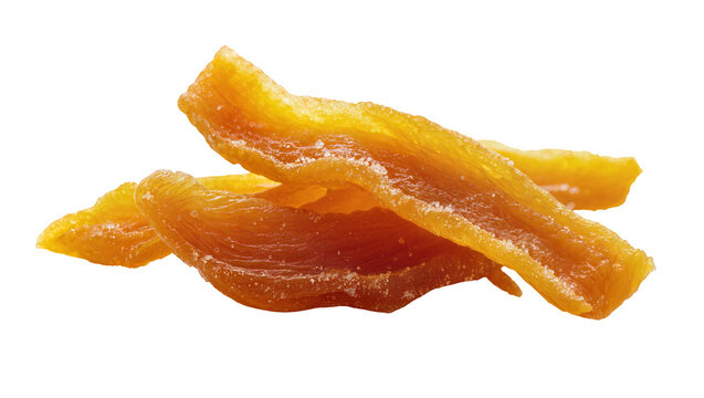 Isolated sweet dried mango slices with a light sugary coating, delicious tropical fruit snack