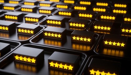 Naklejka premium Displaying black 5-star modules in recessed trays on glossy studio base, casting warm star glows