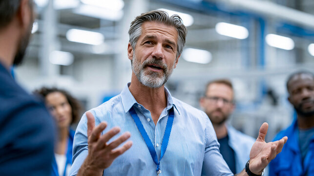 Rear view of a factory floor manager with a badge lanyard gesturing while leading visitors through a bright modern manufacturing facility, face turned away, clean industrial interi