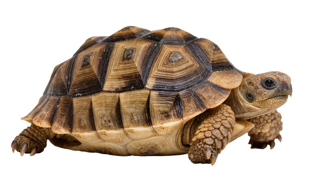 Isolated land tortoise with natural brown and black patterned shell standing side view