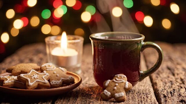 Warm cup of steaming beverage beside gingerbread cookies on a wooden table with a flickering candle and colorful bokeh lights in the background creating a cozy holiday atmosphere