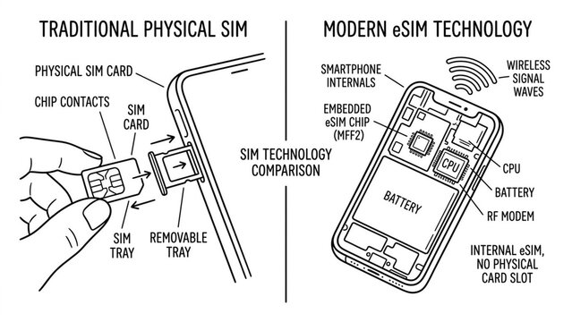 Traditional SIM Card vs Modern eSIM Chip Technology Comparison Vector Illustration &ndash; Mobile Connectivity Evolution