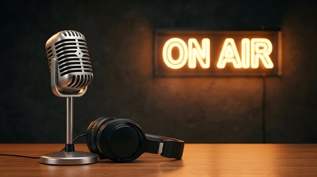 Vintage silver microphone and professional headphones on wooden desk under warm on air neon sign