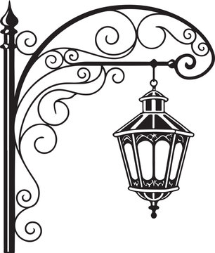 Vintage Wrought Iron Street Lamp Vector Illustration with Antique Hanging Lantern Design for Retro Architecture Decoration and Classic Old Fashioned Lighting Element