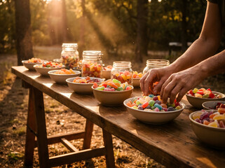 Manos sirviendo caramelos de goma de colores en cuencos sobre una mesa de madera al aire libre durante el atardecer © David Martínez