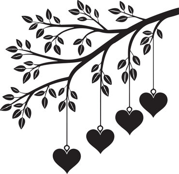 Tree with Hearts and Floral Leaves Vector Illustration Design for Romantic Nature Decoration, Spring Ornament, Love Theme Pattern, Elegant Branch Silhouette and Botanical Art Element