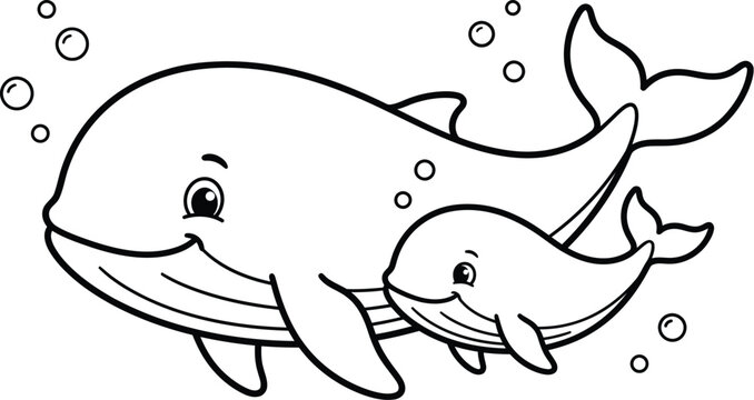 Cute cartoon illustration of two whales, one adult and one calf, swimming together among bubbles, perfect for children's books and educational materials