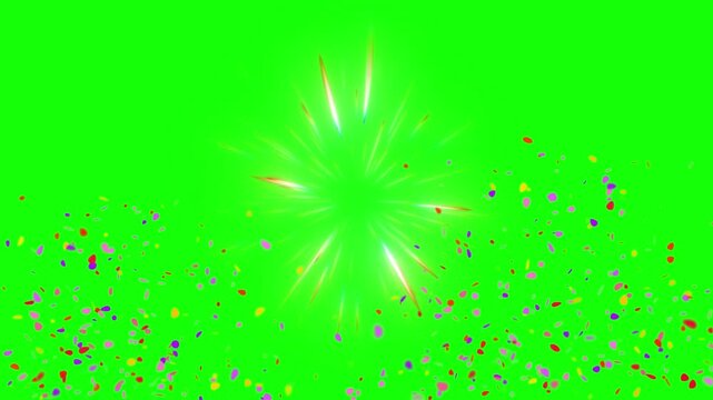 Colorful confetti explosion on green screen. Festive party background with falling paper bits.