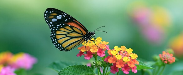 Obraz premium Colorful butterfly resting on vibrant flowers, highlighting intricate wing patterns against a softly blurred garden backdrop.