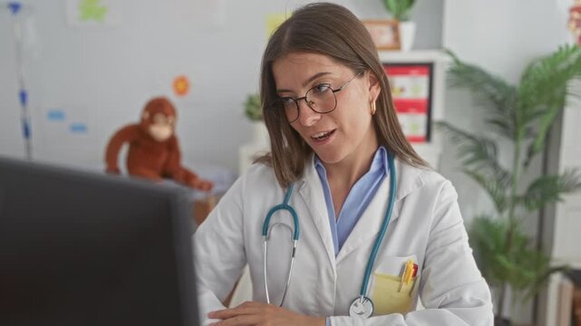 Woman doctor with stethoscope using computer while smiling in pediatric clinic building; compassionate care.