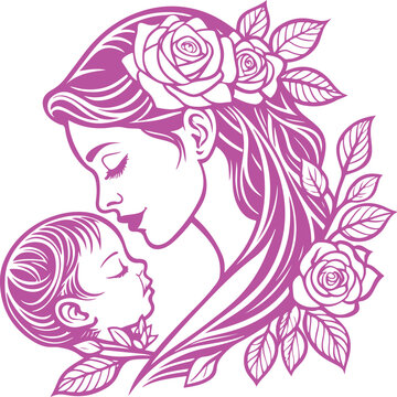 Elegant Mother and Baby with Daughter Floral Silhouette Vector Illustration Featuring Vintage Beauty Profile and Blooming Flower Design for Love Family Nature and Summer Art
