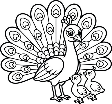 Mother peacock and two cute peachicks coloring page line art vector