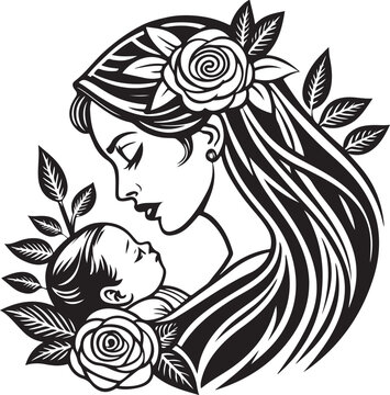 Beautiful Girl with Flowers Floral Woman Face Profile Vector Illustration in Elegant Vintage Line Art Sketch Style