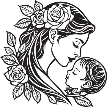 Mother and Daughter with Son and Girl Holding a Bouquet Hand Drawn Vector Illustration in Vintage Sketch Style for Family Love and Celebration Design