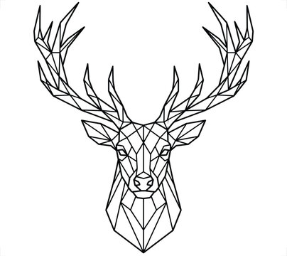 Geometric deer head silhouette with sharp antlers against a white background symbolizing nature and wilderness concepts