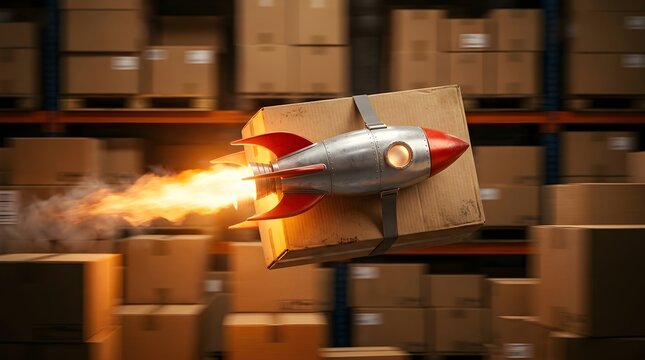 Cardboard delivery box flying like a rocket through a logistics warehouse center with delivery