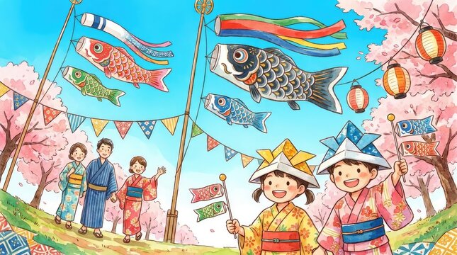 Children celebrating Japanese Children's Day with carp streamers.