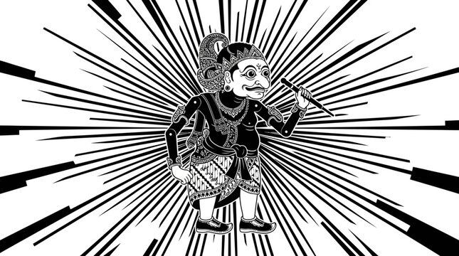 Traditional Indonesian Wayang Kulit Shadow Puppet Character with Radial Burst Background