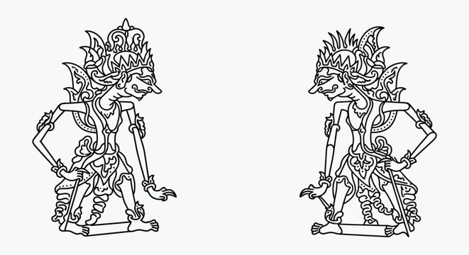 Traditional Indonesian Wayang Kulit Shadow Puppets, Outline Style