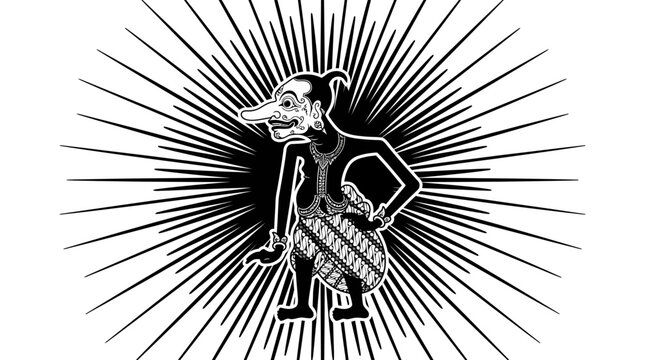 Javanese Wayang Kulit Shadow Puppet Character with Sunburst Background