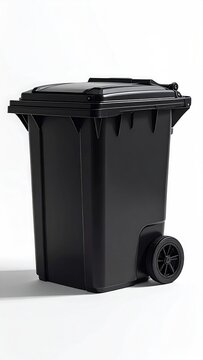 A black wheeled bin with a closed lid sits against a white backdrop
