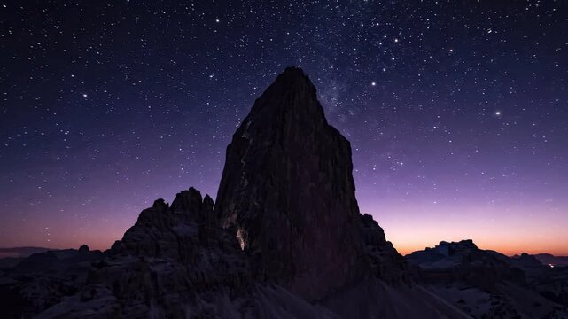 Majestic mountain peak illuminated by starlight against a twilight sky, showcasing the gradual transition from night to dawn in a serene alpine landscape