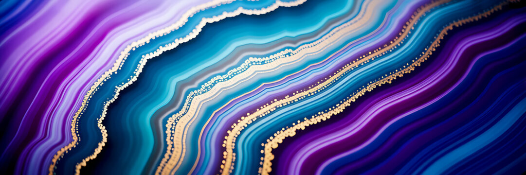 Abstract agate formation with swirling purple and teal layers detailed gold flecks and a vibrant colorful aesthetic geode