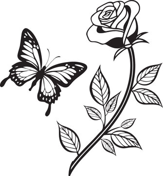 Elegant Black and White Butterfly and Floral Seamless Vector Illustration with Vintage Rose Leaves Nature Silhouette Pattern Decorative Botanical Design for Wallpaper Tattoo and Spring Art