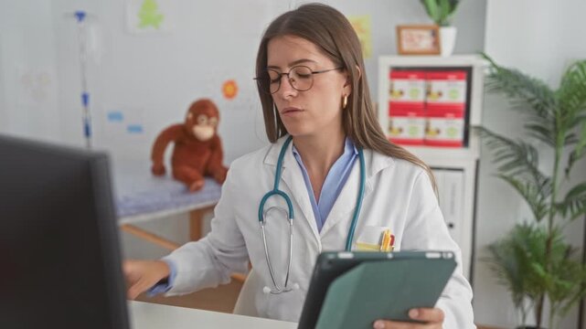 Young woman doctor wearing stethoscope reading tablet at desk in pediatric clinic with exam table and stuffed monkey visible; calm focus care.