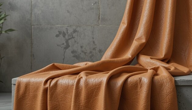 sheet of luxury vegan leather made from bio-engineered apple pomace, smooth texture, rich tan color, draped over a concrete block